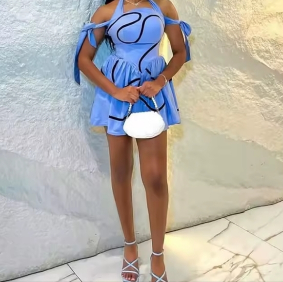 Summer Women Bowknot Shoulder HalterNeck Geometric Striped Big Swing Dress - Picture 3 of 5